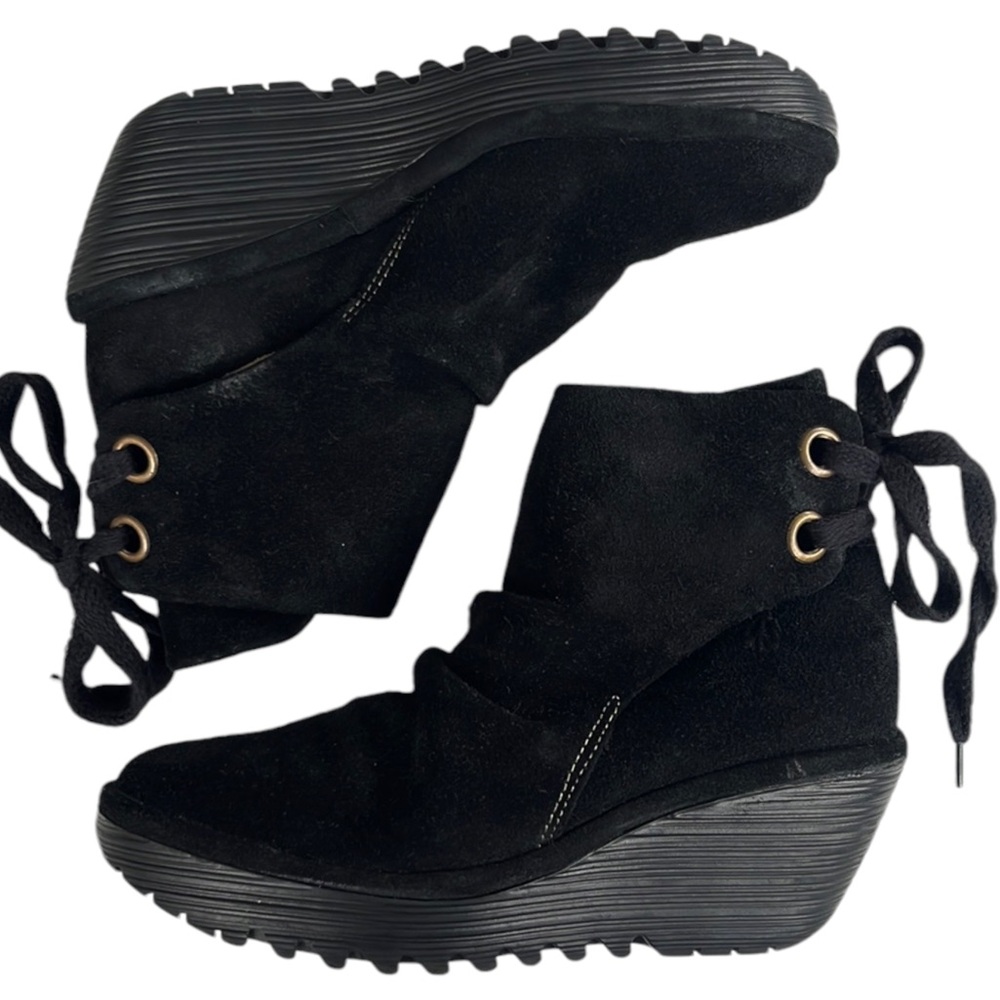 Fly London Leather Wedge Ankle Boots Black Size 7.5 - 8
